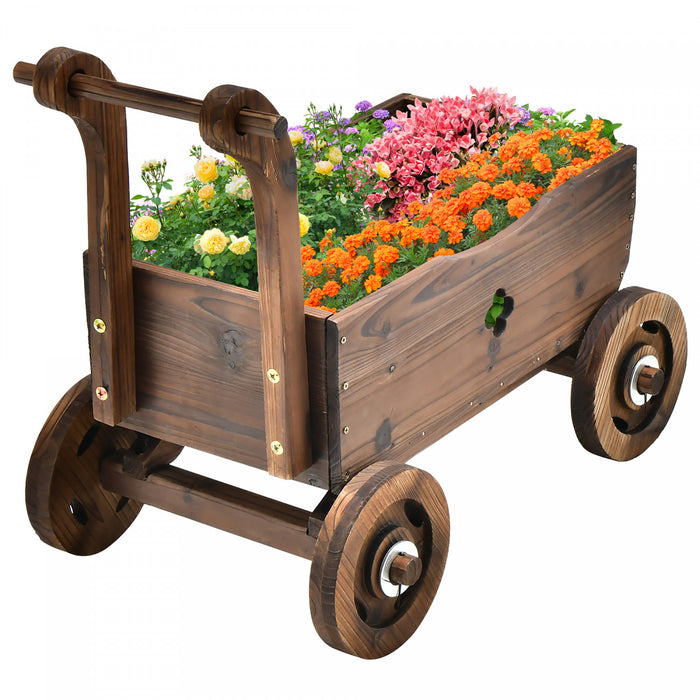 Decorative Wagon Cart Plant Flower Pot Stand Wooden Raised Garden Planter Box