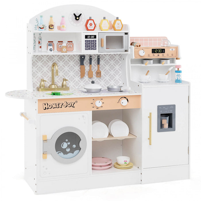 Honeyjoy Kids Kitchen Set Wooden Kitchen Playset With Clock, Microwave, Sink, Dish Rack White