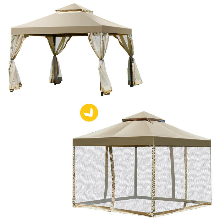 Costway 2-tier 10'x10' Gazebo Canopy Shelter Awning Tent Patio Garden Screw-free Structure Brown