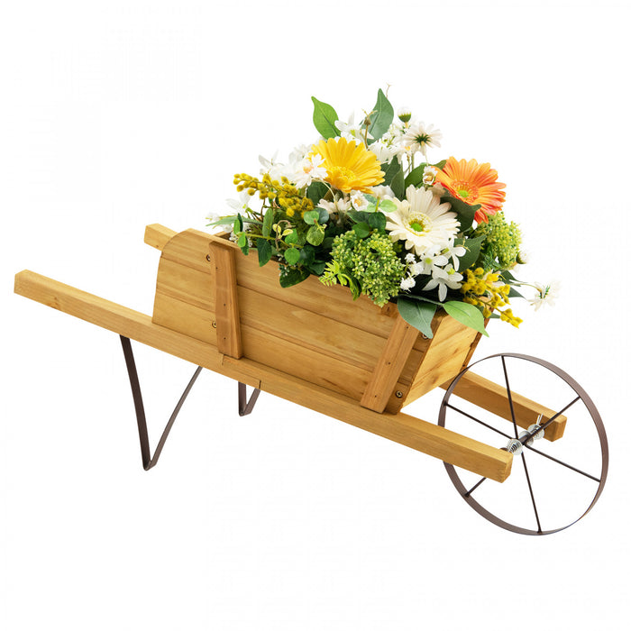 Costway Wooden Wagon Planter Decorative Indoor/outdoor Rustic Flower Cart With Wheel Beige