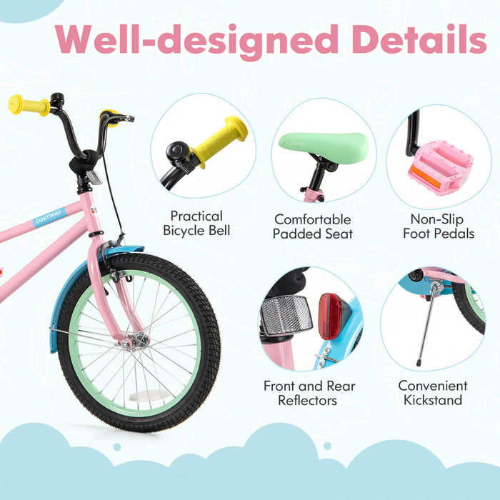 Costway 18\" Kids Bike With Adjustable Saddle Handlebar Removable Training Wheels Handbrake Pink