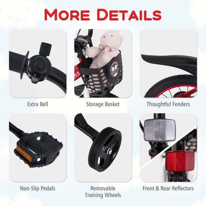 Costway 16\" Kid's Bike For 4-7 With Height-adjustable Handlebar & Saddle Handbrake Red