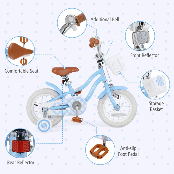Costway 12\" Kid's Bike For 3-4 Years Old Children Bicycle With Front Handbrake Blue