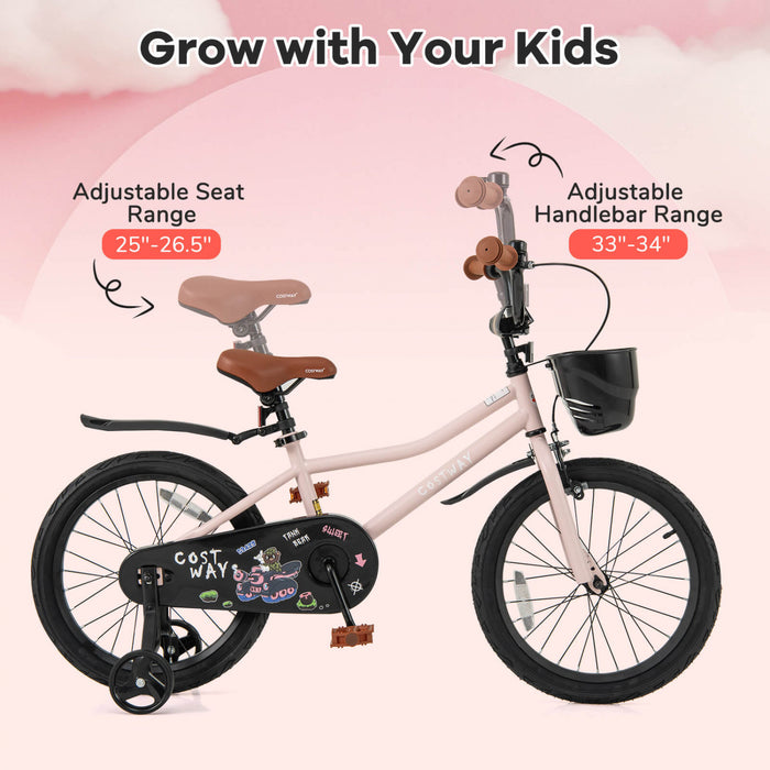 Costway 18\" Kid's Bike With Training Wheels Adjustable Handlebar & Seat Handbrake Pink