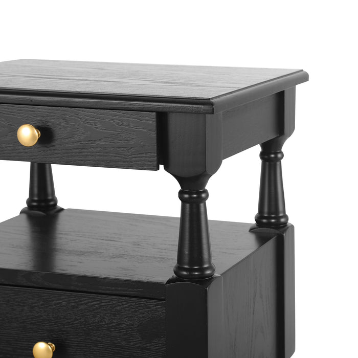 Aspen Nightstand Set of 2 with Drawers and Open Shelves, Black