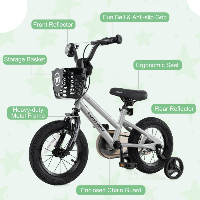 Costway 14\" Kid's Bike With Training Wheels Adjustable Handlebar & Seat Handbrake Silver