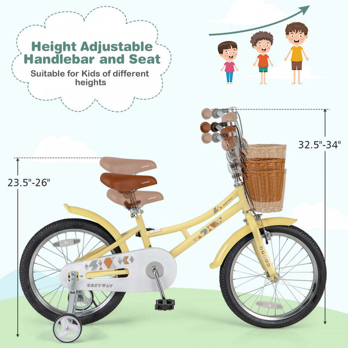 Costway 18\" Kids Bike With Height Adjustable Handlebar Seat Basket Bell Training Wheels Yellow