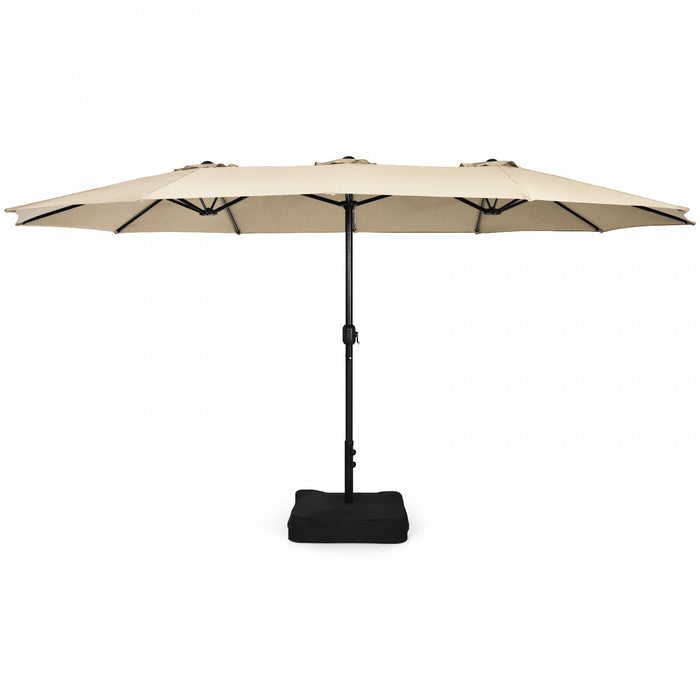 Costway 15FT Double-Sided Twin Patio Umbrella Outdoor Market with Crank & Base Beige