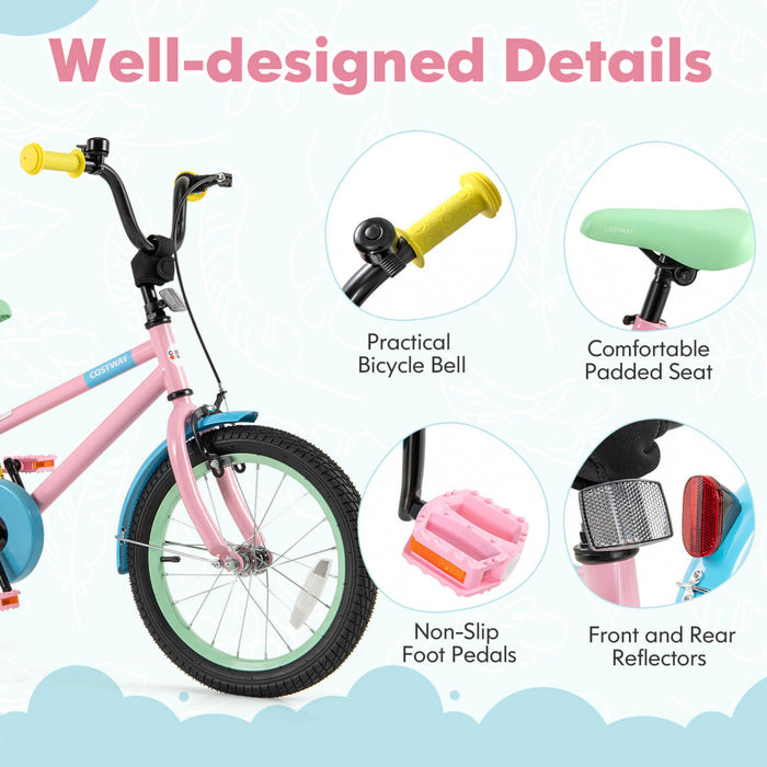 Costway 16\" Kids Bike With Adjustable Saddle Handlebar Removable Training Wheels Handbrake Pink