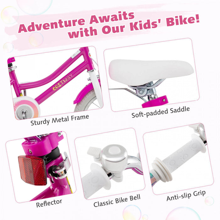 Costway 14\" Kids Bike With Training Wheels Doll Seat Basket Streamers Hand Brake Pink