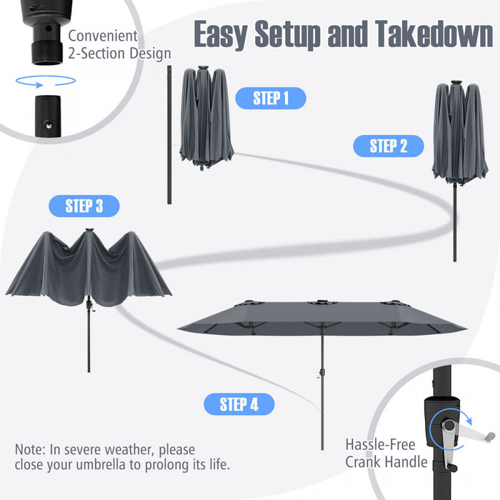 Costway 15.5 FT Extra-Large Patio Umbrella with LED Solar Lights & 12 Heavy-Duty Ribs Gray