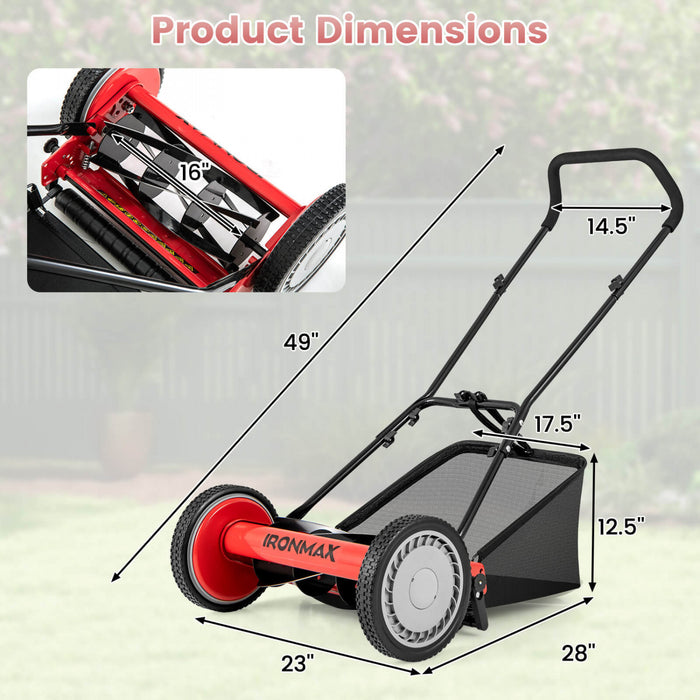 Ironmax 16\" Push Lawn Mower With 5-blade 6.9 Gallon Removable Grass Catcher For Garden Red