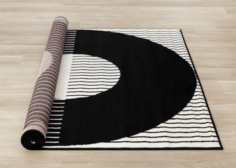 Florence Black White Stripes and Hollow Circle Modern Design, 7'6\" x 9'6\" Indoor Area Rug