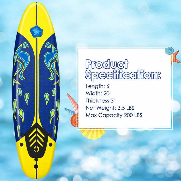 Costway 6' Surfboard Foamie Body Surfing Board W/3 Fins & Leash For Kids Adults Yellow