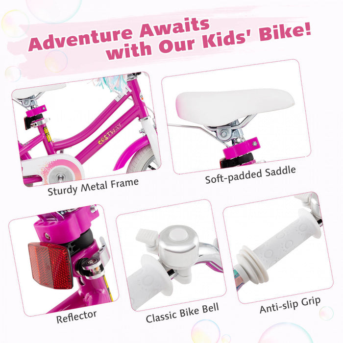 Costway 12 Inch Kids Bike With Training Wheels Doll Seat Basket Streamers Hand Brake Pink