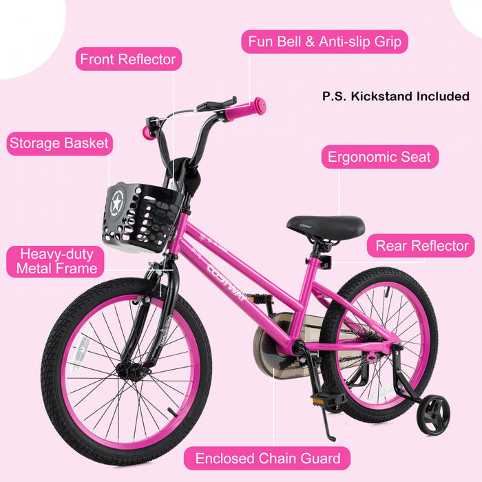 Costway 18\" Kid's Bike With Training Wheels Adjustable Handlebar & Seat Handbrake Pink