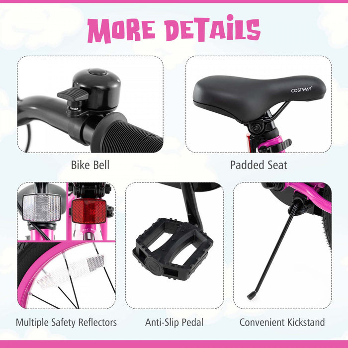 Costway 18\" Led Lighted Kids Bike With Adjustable Seat Coaster Brake Training Wheels Pink