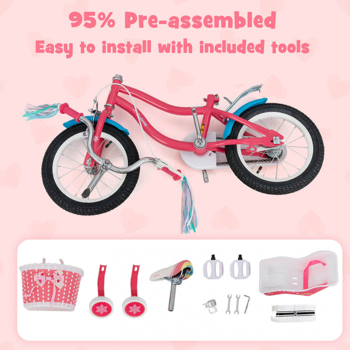 Costway 16\" Kids Bike With Basket Doll Seat & Colorful Streamers 2 Training Wheels Pink