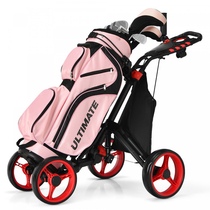 Goplus Folding 4 Wheels Golf Push Cart W/bag Scoreboard Adjustable Handle Red