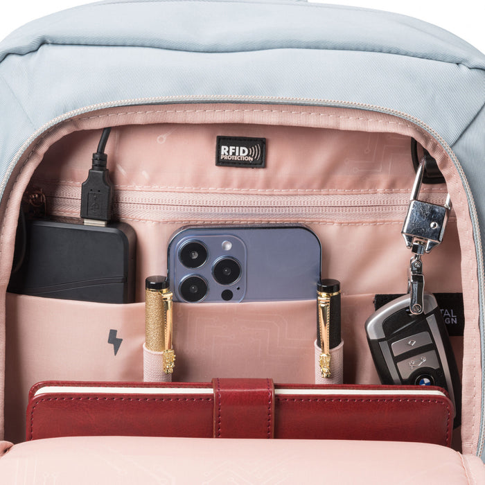 Swissdigital Design SSD Finder Smart Backpack - KATY ROSE Model Rucksack with Integrated Charging Port - Teal Blue