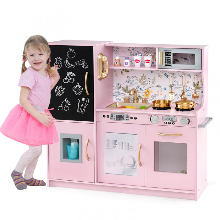Costway Kid's Pretend Play Kitchen Toddler Kitchen Playset With Blackboard Light Pink
