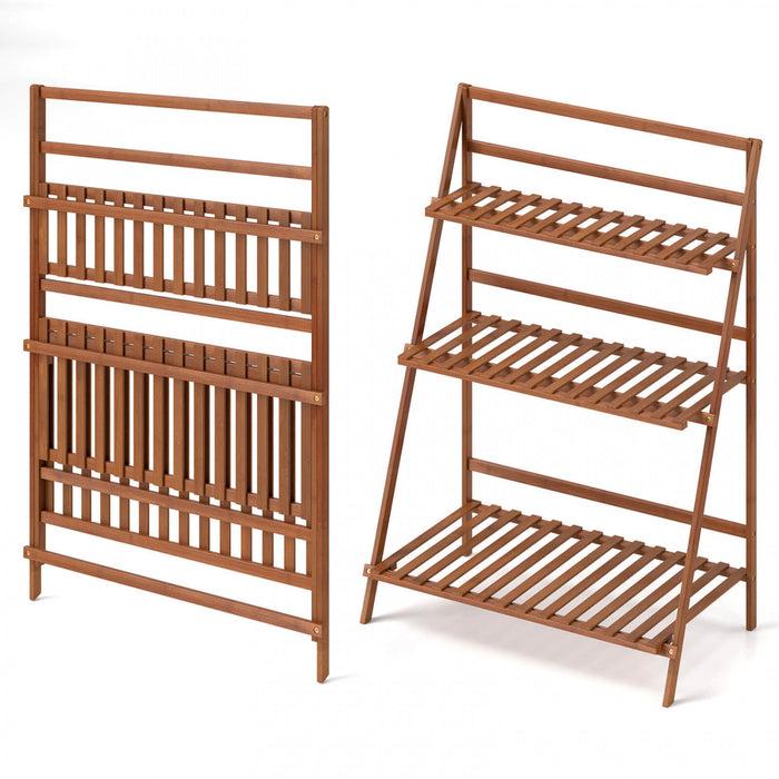 Costway 3 Tier Folding Shelf Stand Bamboo Flower Pot Display Rack Bookcase Organizer