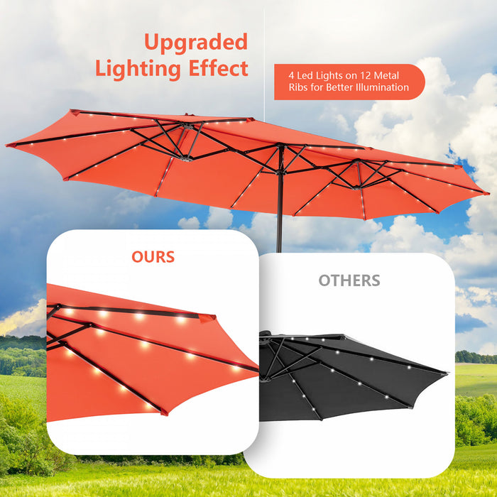 Costway 15FT Twin Patio Double-Sided Umbrella 48 Solar LED Lights Crank Outdoor Orange