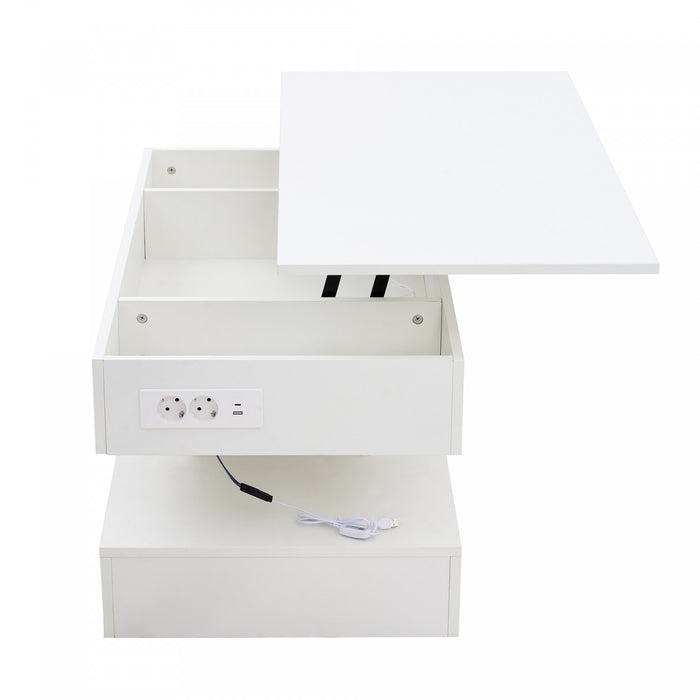 Flexi 39.9 Inch Hydraulic Lift-Top Coffee Table with LED Lighting and Hidden Storage, White