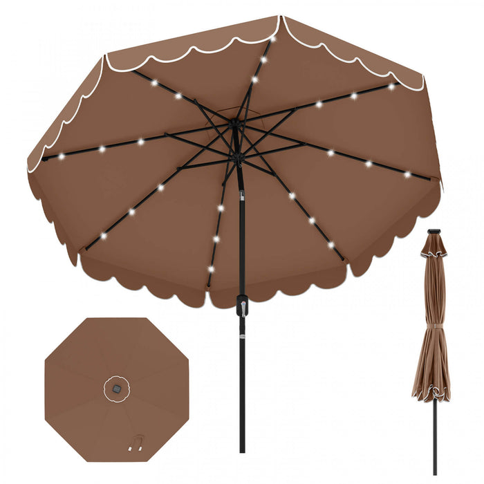 Costway 9.3 FT Solar Patio Umbrella Outdoor Market Sunshade with 24 LED Lights Ruffles Brown