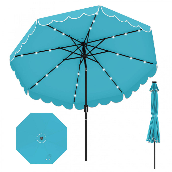 Costway 9.3 FT Solar Patio Umbrella Outdoor Market Sunshade with 24 LED Lights Ruffles Turquoise