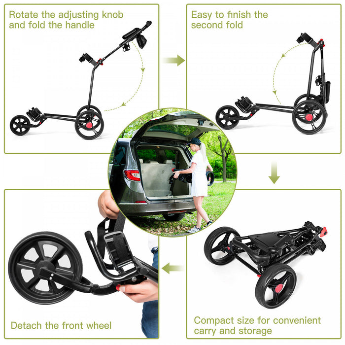Costway Foldable 3 Wheel Golf Pull Push Cart Trolley Scorecard Drink Holder Mesh Bag