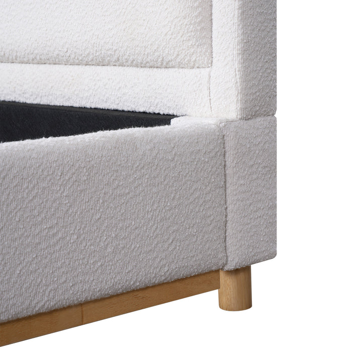 Ethan Low Profile Platform Bed Boucle with Upholstered Curved Headboard,King Size,White King Bed
