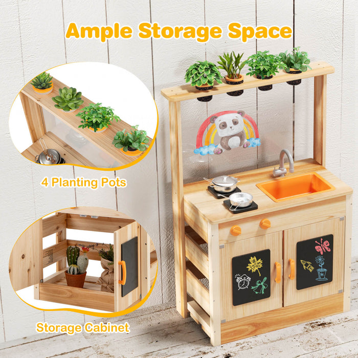 Costway Mud Kitchen For Kids With Planting Pots Stovetops Removable Sink Acrylic Panel