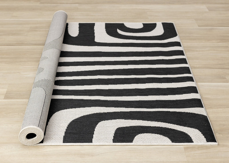 Jackson Black White Abstract Lines Outdoor Rug, 6'7\" x 9'6\" Outdoor Area Rug