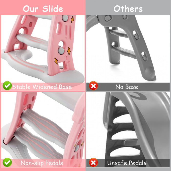 Costway 3-in-1 Kids Indoor Slide With Basketball Hoop & Basketball, Safe Buffer Zone Pink