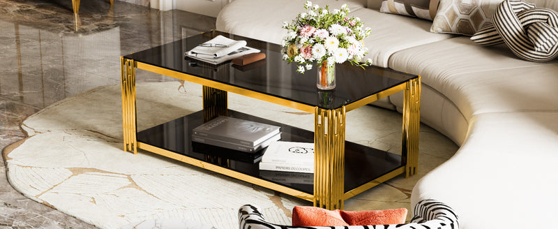 Aria 47.5 Inch Modern Rectangular Coffee Table with Asymmetrical Gold Frame and Mirror Top, Black