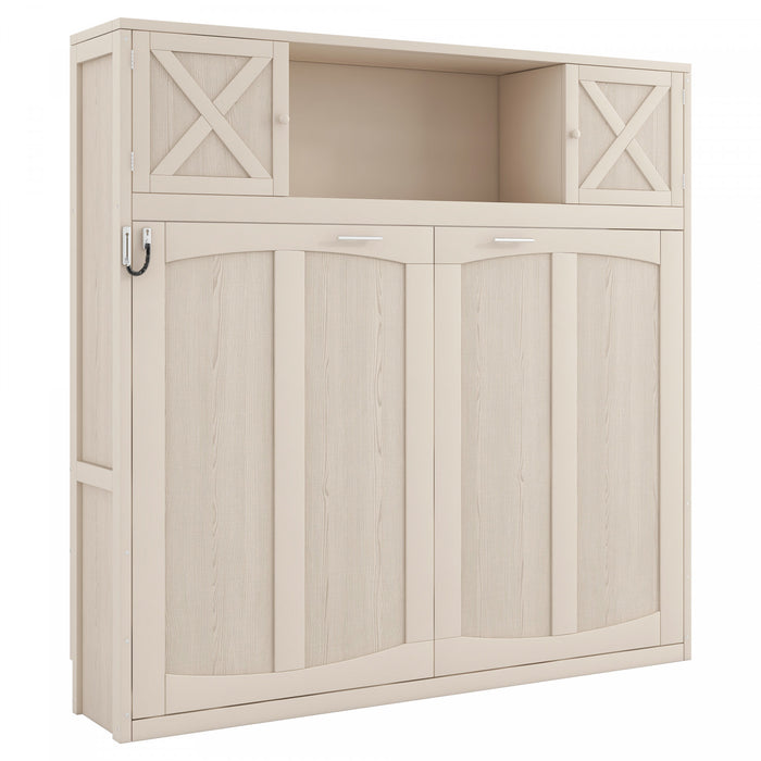 Ethan Solid Wood Murphy Bed with Storage Cabinets,Full Size,Beige Full Bed