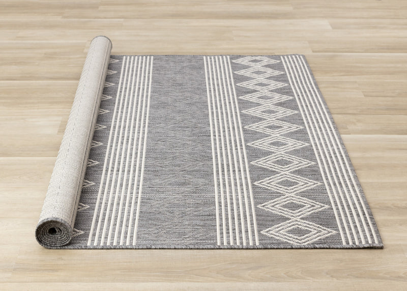 Jackson Grey White Patterned Rows Rug, 7'10\" x 10'6\" Outdoor Area Rug