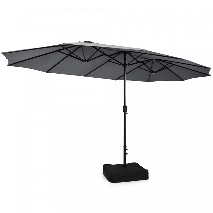 Costway 15FT Double-Sided Twin Patio Umbrella Outdoor Market W/ Crank & Base Grey