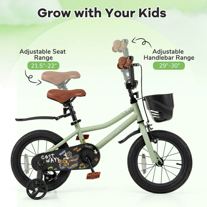 Costway 14\" Kid's Bike With Training Wheels Adjustable Handlebar & Seat Handbrake Green