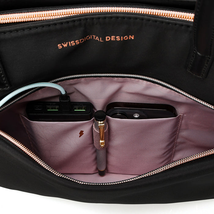 Swissdigital KATY Rose Tote Bag – 16\" Laptop, USB Charging, LED Light, RFID Protection, Water-Repellent, Multi-Pockets