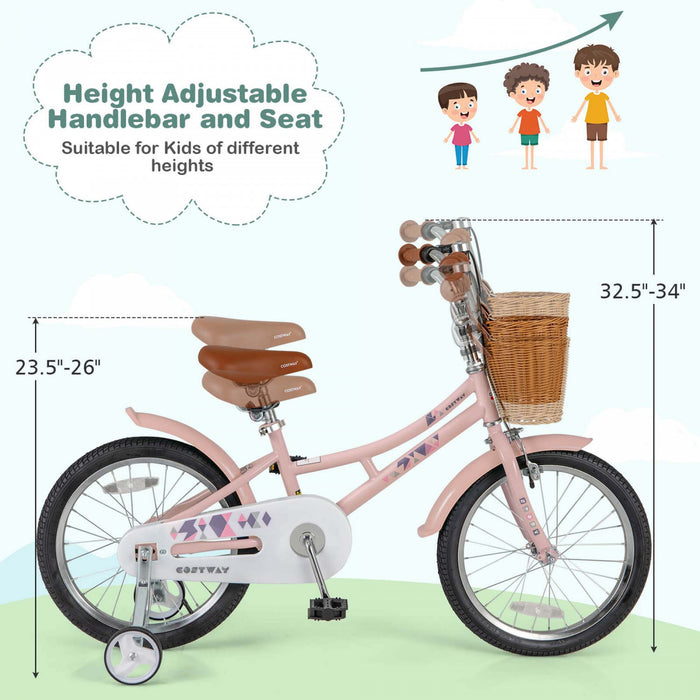 Costway 18\" Kids Bike With Height Adjustable Handlebar Seat Basket Bell Training Wheels Pink
