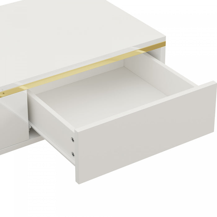 Lustra 39.4 Inch Modern High-Gloss Coffee Table with Dual Drawers and Gold Accents, White