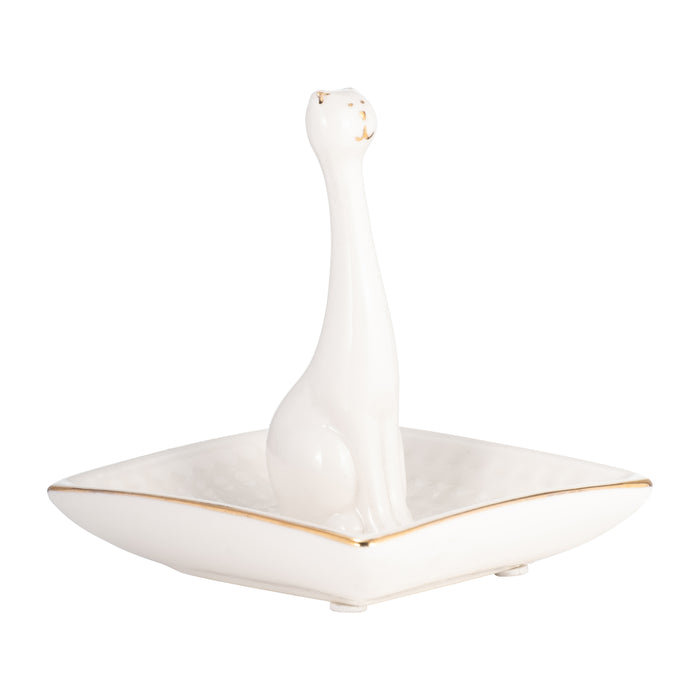 Porcelain Square Cat Ring Holder - White and Gold