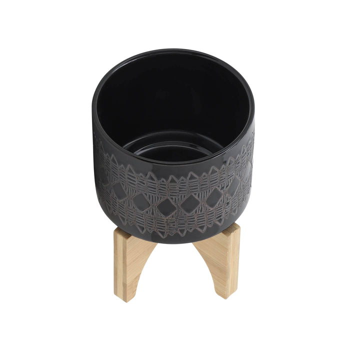 Ceramic 5\" Aztec Planter with Wood Stand - Black