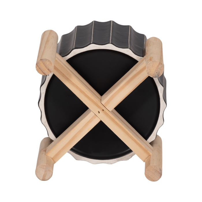 Ceramic 6\" Fluted Planter with Wood Stand - Black