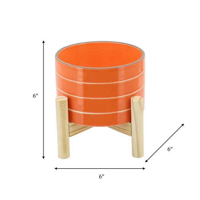 Ceramic 6\" Striped Planter with Wood Stand - Orange