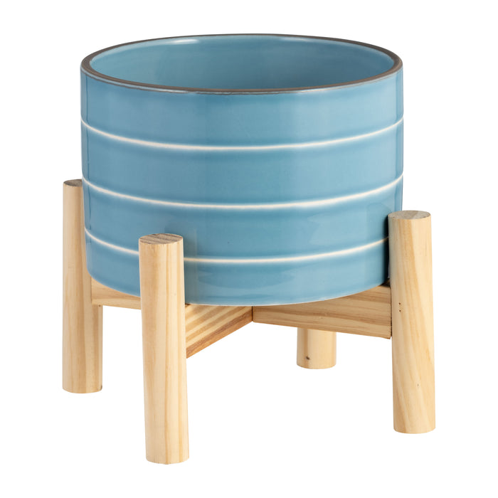 Ceramic 6\" Striped Planter with Wood Stand - Sky Blue