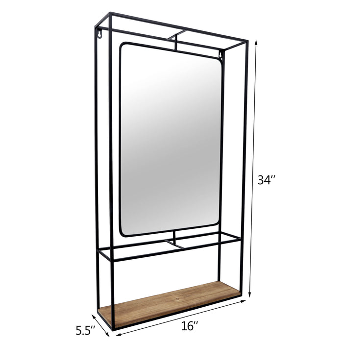 Wood and Metal 36\" Wall Shelf with Mirror - Black and Brown