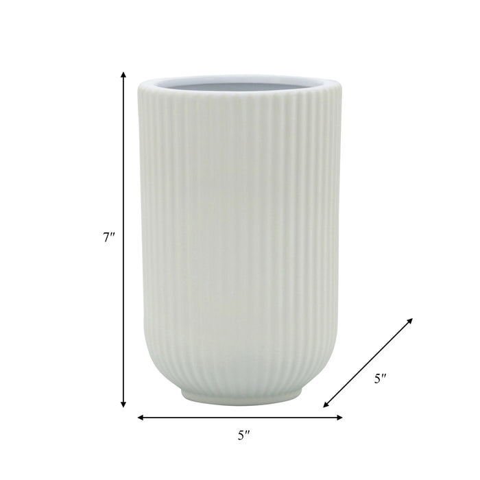 Ceramic 7\" Ridged Vase - White